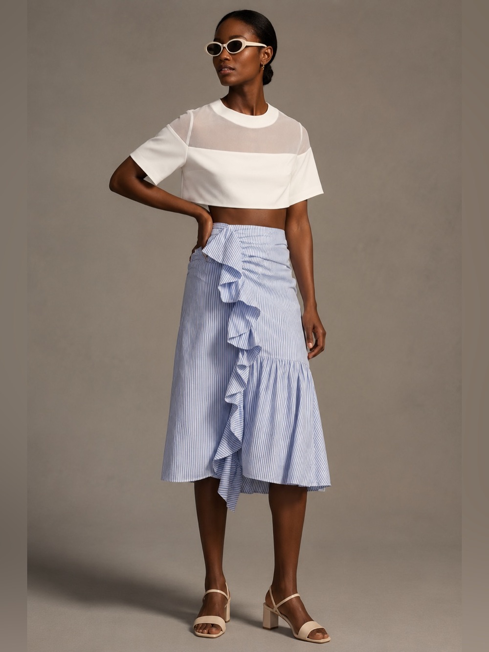 Anthropologie Maeve Blue White Striped Ruffle Poplin Midi Skirt Coastal Summer 6